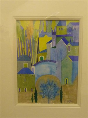 Lot 413 - Giuliana Lazzerini (b.1951) Italian ";Blue Village"; Signed and inscribed, dated 2002 on label...