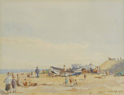 Lot 428 - Muriel Metcalfe (1904-1994) Beach scene with figures Signed and dated 1925, pencil and watercolour