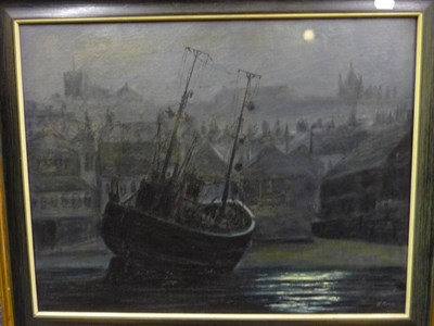 Lot 437 - Jack Rigg (b.1927) Moonlight above The Esk, Whitby Harbour Signed and inscribed verso, oil on...