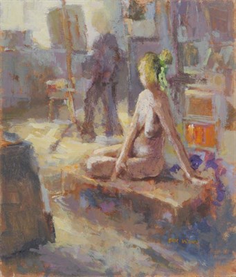 Lot 447 - Eric Ward (b.1945) ";Denise"; in a sunlit artist's studio Signed and inscribed verso, oil on board