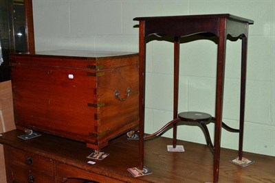 Lot 457 - A red velvet covered X-framed stool, a mahogany occasional table and a brass bound chest