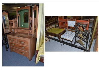 Lot 533 - A pine dressing chest, an ebonised gong, an oak dining chair and a canteen of cutlery in a mahogany