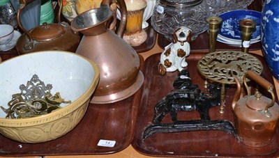 Lot 14 - Cast iron doorstop, various copper and brass, etc (on two trays)