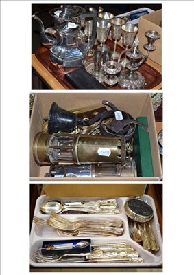 Lot 20 - Two miner's lamps, a quantity of metalware and plated items including a three piece condiment...