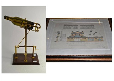 Lot 22 - A patent brass and mahogany bottle pourer and a pair of architectural prints (3)