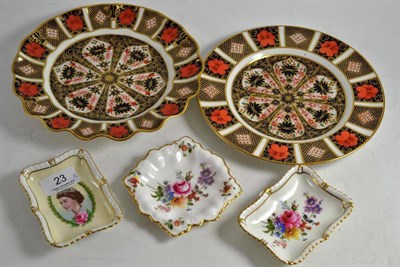 Lot 23 - Two Royal Crown Derby Imari pattern plates, two Derby Posies pin dishes and another