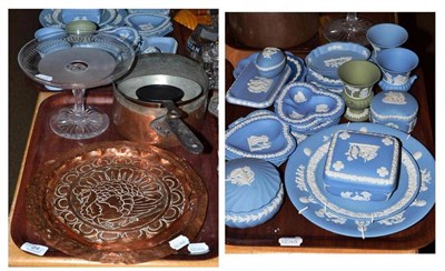 Lot 24 - Wedgwood blue Jasperware, two Arts and Crafts copper trays, two pans and a tazza
