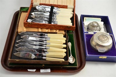 Lot 35 - Silver commemorative bowl, silver mounted inkwell and three cases of flatware
