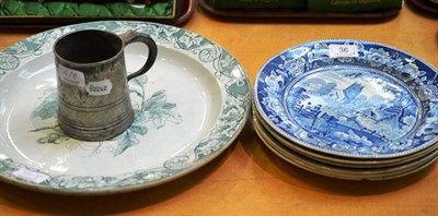 Lot 36 - Six blue and white pearlware plates, a pewter tankard, a 19th century green and white circular...