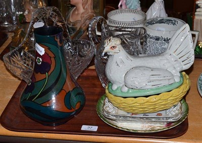 Lot 37 - Two Staffordshire mugs, pair of German dishes, Staffordshire hen egg box, dishes, glass basket...
