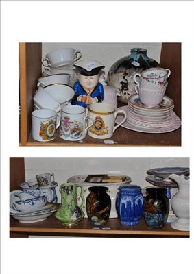 Lot 68 - Two shelves of decorative ceramics including a Ringtons tea caddy and cover, a footbath, modern...