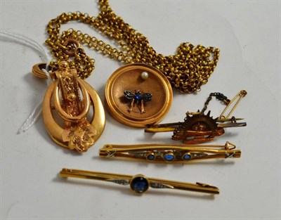 Lot 91 - Two stone set bar brooches, a pendant on chain and other brooches