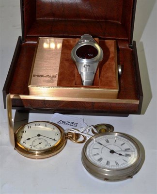 Lot 95 - A gold plated pocket watch, nickel plated pocket watch and half pulsar wristwatch (3)
