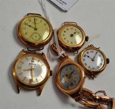 Lot 100 - Three lady's 9ct gold wristwatches and two other watches