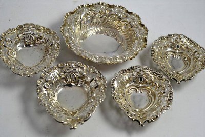 Lot 106 - Two pairs of silver heart shaped dishes and a small silver dish