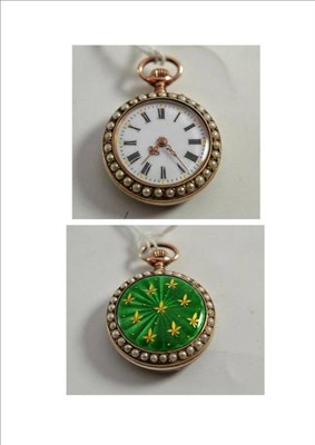 Lot 108 - An enamel and pearl lady's fob watch