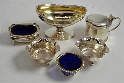 Lot 114 - Silver gilt salt on pedestal base, four assorted silver salts and a mustard pot