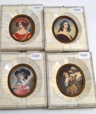 Lot 115 - Four piano key miniatures depicting three ladies in red dresses and one other