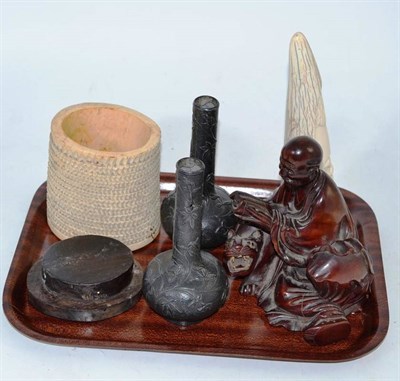 Lot 118 - Oriental hardwood figures, a pair of metal vases and two pieces of ivory