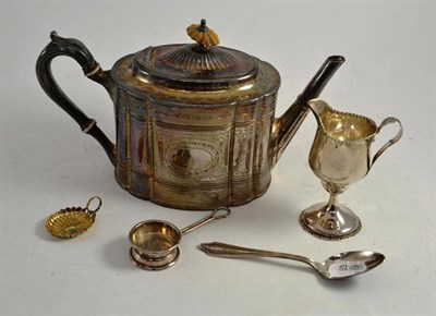 Lot 123 - A small Georgian cream jug, (a.f.), caddy spoon, measure, teaspoon and plated teapot