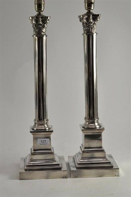 Lot 127 - Pair of silver plated Corinthian column table lamps