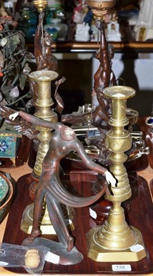 Lot 132 - A pair of spelter figural lamps with flambe glass shades, a pair of Victorian brass...