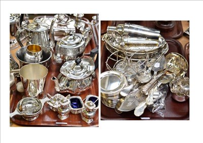 Lot 135 - A quantity of silver plated ware consisting of a novelty golf mug, two teapots etc (on two trays)