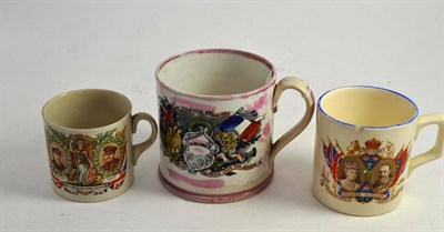 Lot 138 - A Sunderland lustre mug, a Peace mug 1919 and a Royal Jubilee mug (a.f.)