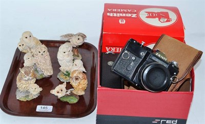 Lot 145 - Six Border Fine Arts owl groups, two Russian cameras 'Zenith reflex', an Eastman Kodak No.1...