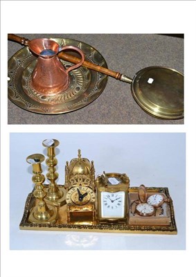 Lot 147 - Carriage clock, lantern clock, two plated pocket watches, warming pan, alms dish, copper...