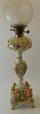 Lot 112 - A Dresden Porcelain Flower Encrusted Oil Lamp Base, early 20th century, of baluster form,...