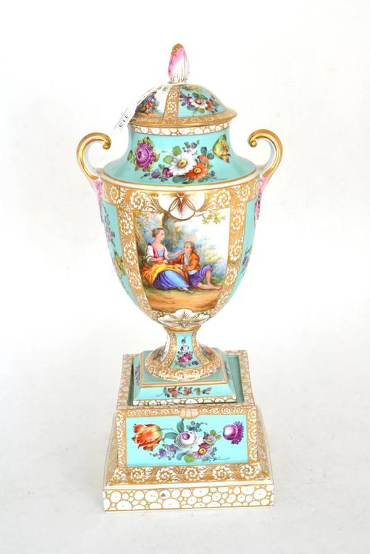 Lot 113 - A Dresden Porcelain Two-Handled Vase, Cover and Stand, circa 1900, of pedestal semi-ovoid form,...