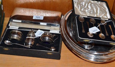 Lot 191 - A cased silver condiment set, a cased set of six coffee spoons, two plated entree dishes and a...