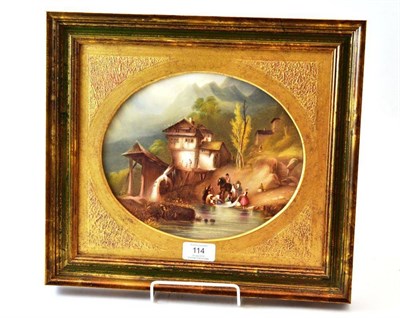 Lot 114 - A Continental Porcelain Plaque, circa 1870, painted with figures beside a watermill in a...
