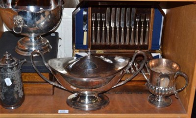 Lot 205 - A Nottingham Plate loving cup, a plated on copper soup tureen and cover, rose bowl and EPBM hot...