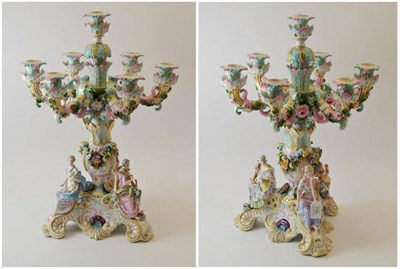 Lot 116 - A Pair of Meissen Style Porcelain Seven-Light Candelabra, late 19th century, with foliate...