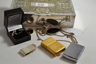 Lot 212 - Two gold rings, a silver and jet pendant and chain, a 9ct gold bar brooch, a pair of silver fox...