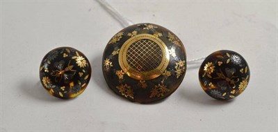 Lot 218 - A pair of tortoiseshell pique earrings and a brooch (a.f.)