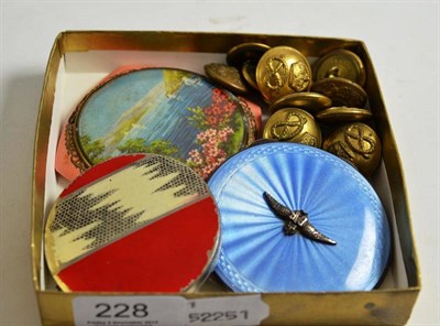 Lot 228 - Silver and enamel RAF compact, two other compacts and a quantity of brass buttons