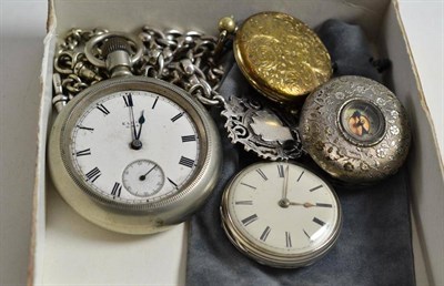 Lot 229 - Small silver pocket watch, silver watch chain, plated pocket watch and chain, a compass and a...