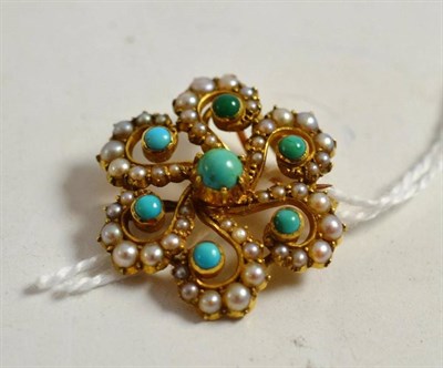 Lot 239 - A turquoise and seed pearl brooch pendant, stamped ";15ct"