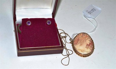 Lot 245 - A cameo brooch, a pair of amethyst earrings and a chain