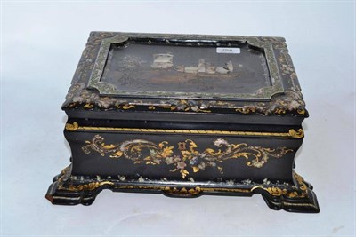 Lot 258 - Papier mache sewing box with mother of pearl inlay and fittings