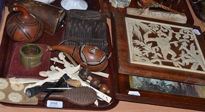 Lot 268 - Quantity of tribal items, five small horns, Benin bronze, carved bone items, framed watercolour, an