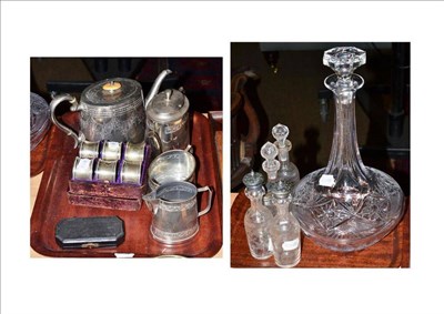 Lot 271 - Doulton decanter, five bottles, cased napkin rings, champagne spigot, a plated three piece tea...