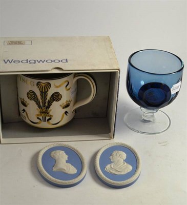 Lot 274 - Wedgwood glass goblet - stubbs : Prince of Wales mug, two Jasper medallions