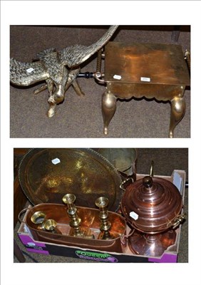 Lot 293 - A 19th century brass footman; a copper warming pan; a brass figure of an eagle; a quantity of brass