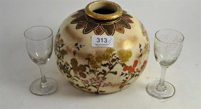 Lot 313 - A Japanese satsuma vase and a pair of engraved glasses dated 1894