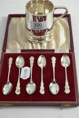 Lot 320 - A cased set of six teaspoons and a silver mug