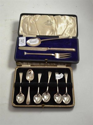 Lot 321 - Six silver teaspoons and a three piece silver Christening set